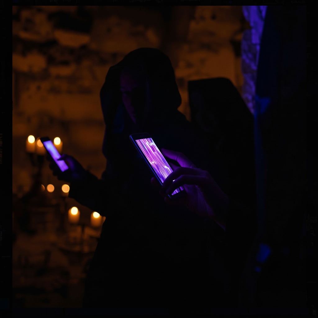 People with phones in dungeon environment